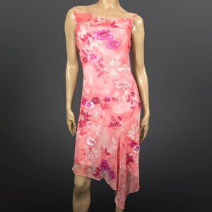 Vintage 90s Y2K Floral Fairy Slip Dress Size S Coral Pink Asymmetric Hem Chiffon